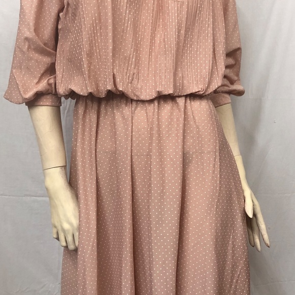 VTG 70s TROLLEY CAR Blush Pleated Bodice Button 3/4" Sleeve Secretary Dress L - Picture 6 of 13